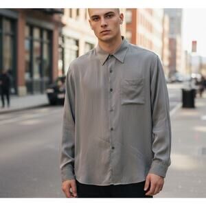 Perry Ellis Mens Shirt XL Gray Sateen Long Sleeve Pocket Button Down Preppy